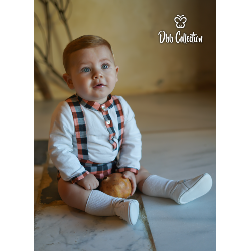 16805 بدلة ولادي قميص وشيال كاروهات برتقالي