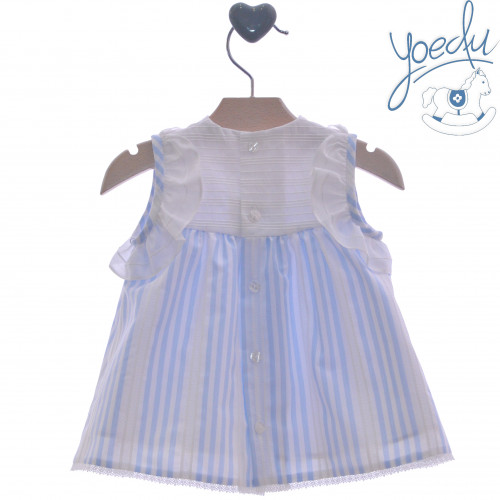 0340 فستان اسباني مخطط سماوي مع فيونكات 