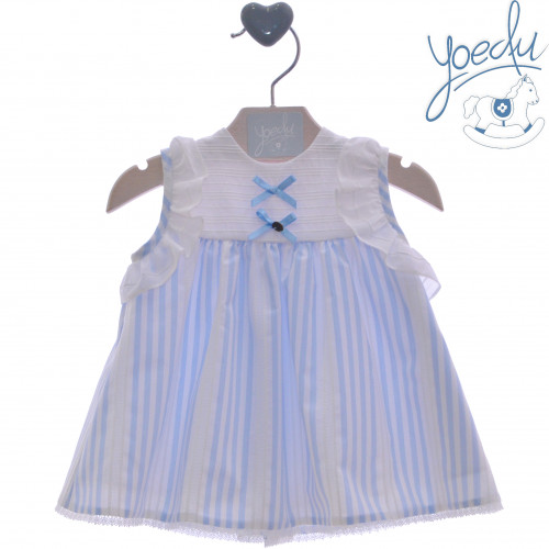 0340 فستان اسباني مخطط سماوي مع فيونكات 