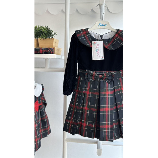 فستان كاروهات مع مخمل كحلي240012 فستان كاروهات مع مخمل كحلي240012