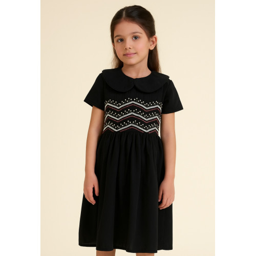 240414 فستان أسود  بياقة و مطرز  