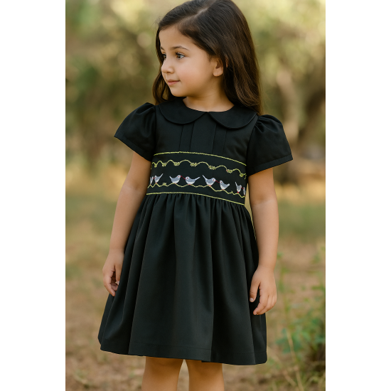 فستان أسود بتطريز طيور240504 