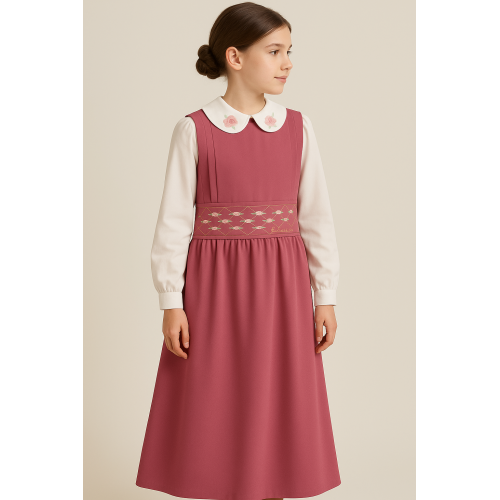 مريول مدرسي وردي قطعتين مريول بحزام مطرز مع قميص مطرز أبيض 144708 مريول مدرسي وردي قطعتين مريول بحزام مطرز مع قميص مطرز أبيض 144708