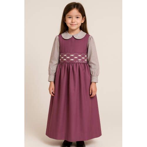 مريول مدرسي بنفسج قطعتين مريول بحزام مطرز مع قميص مقلم 144712 مريول مدرسي بنفسج قطعتين مريول بحزام مطرز مع قميص مقلم 144712