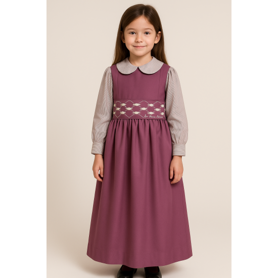 مريول مدرسي بنفسج قطعتين مريول بحزام مطرز مع قميص مقلم 144712 مريول مدرسي بنفسج قطعتين مريول بحزام مطرز مع قميص مقلم 144712