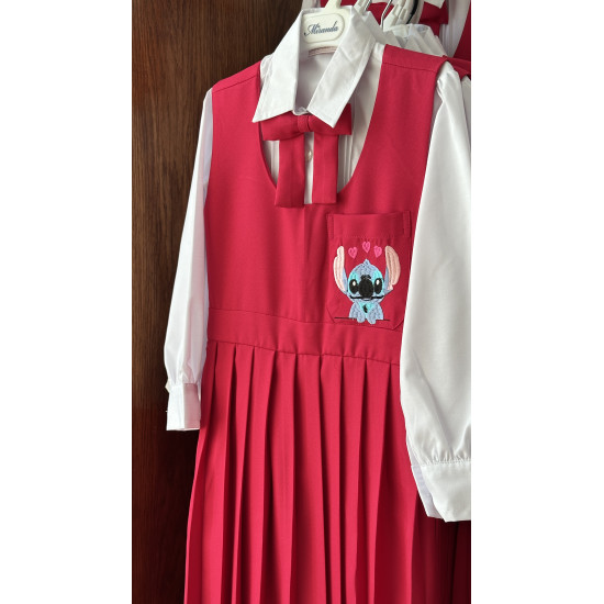 مريول مدرسي فوشي ٣ قطع مريول بتطريز شخصية ستيتش مع قميص أبيض بثنيات وفيونكة 144710 مريول مدرسي فوشي ٣ قطع مريول بتطريز شخصية ستيتش مع قميص أبيض بثنيات وفيونكة 144710