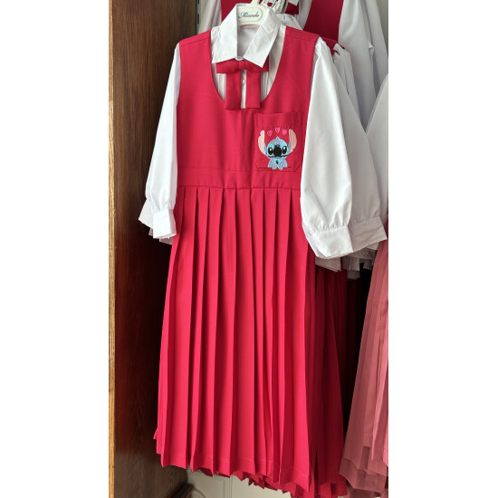 مريول مدرسي فوشي ٣ قطع مريول بتطريز شخصية ستيتش مع قميص أبيض بثنيات وفيونكة 144710 مريول مدرسي فوشي ٣ قطع مريول بتطريز شخصية ستيتش مع قميص أبيض بثنيات وفيونكة 144710