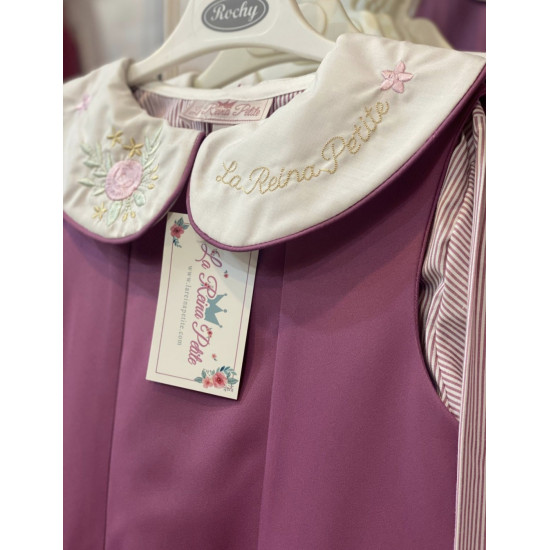 مريول مدرسي قطعتين مريول موف بفيونكات مع قميص مطرز مقلم 240421 مريول مدرسي قطعتين مريول موف بفيونكات مع قميص مطرز مقلم 240421