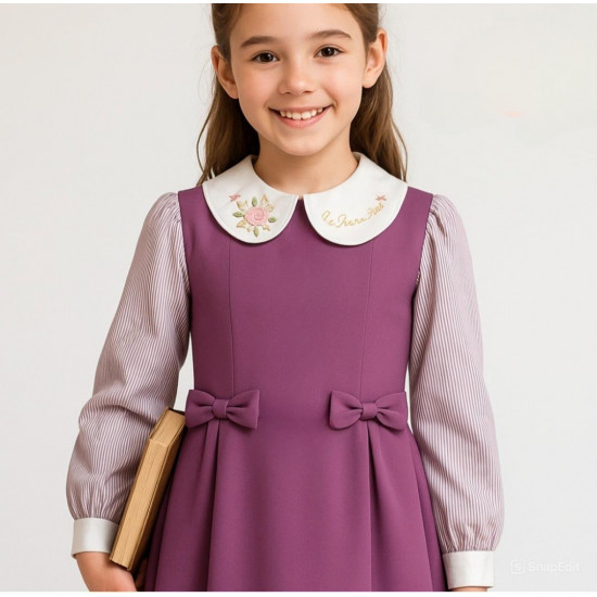 مريول مدرسي قطعتين مريول موف بفيونكات مع قميص مطرز مقلم 240421 مريول مدرسي قطعتين مريول موف بفيونكات مع قميص مطرز مقلم 240421