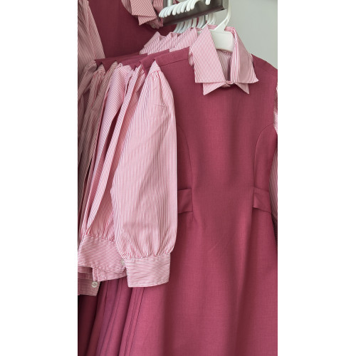 مريول مدرسي وردي بربطات خلفية مع قميص مقلم 144717 مريول مدرسي وردي بربطات خلفية مع قميص مقلم 144717