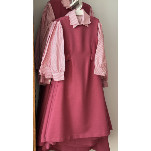 مريول مدرسي وردي بربطات خلفية مع قميص مقلم 144717 مريول مدرسي وردي بربطات خلفية مع قميص مقلم 144717