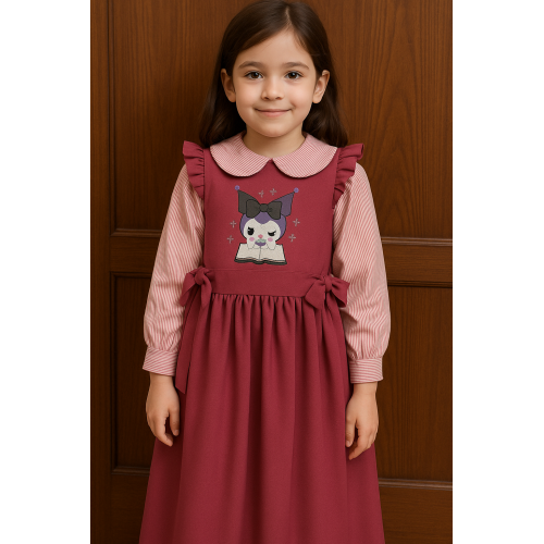 مريول مدرسي وردي بشخصية كرومي مع قميص مقلم 144719 مريول مدرسي وردي بشخصية كرومي مع قميص مقلم 144719