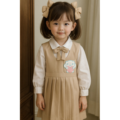 مريول (( رياض أطفال )) بيج مطرز بشخصية سينامورول مع قميص وفيونكة 144735 مريول (( رياض أطفال )) بيج مطرز بشخصية سينامورول مع قميص وفيونكة 144735