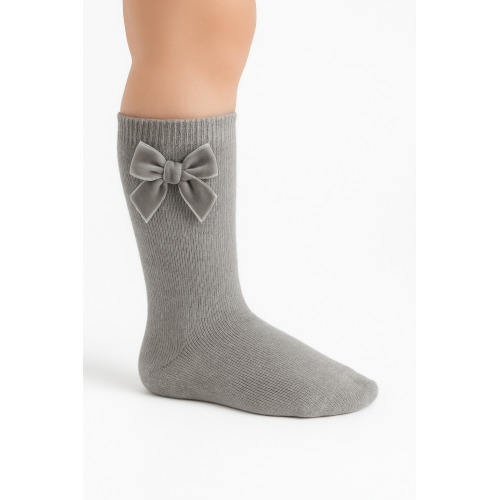 جوارب طويلة لون رمادي  فيونكة مخمل غامق/فاتح