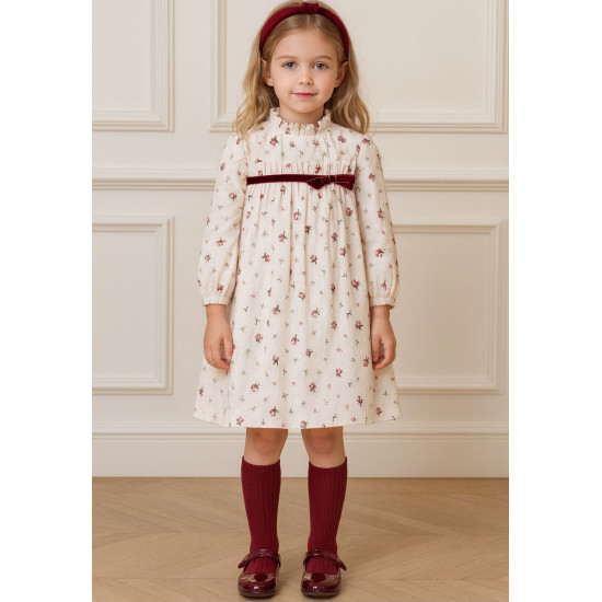 فستان مورد ناعم بطابع كلاسيكي وفيونكة عنابي  240439