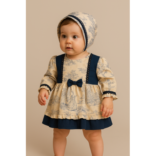 فستان ربيعي سكري بطبعة توال زرقاء مع قبعة 240604 فستان ربيعي سكري بطبعة توال زرقاء مع قبعة 240604