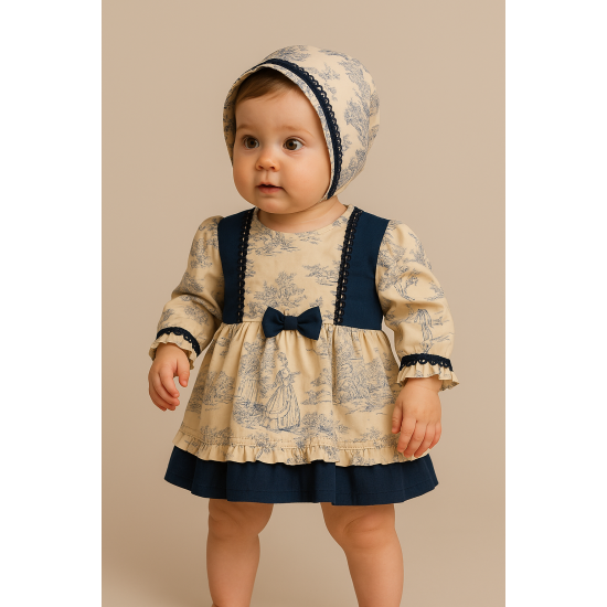 فستان ربيعي سكري بطبعة توال زرقاء مع قبعة 240604 فستان ربيعي سكري بطبعة توال زرقاء مع قبعة 240604