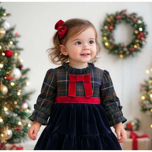 فستان كاروهات و مخمل كحلي للبنات الصغار 240451