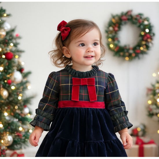 فستان كاروهات و مخمل كحلي للبنات الصغار 240451 فستان كاروهات و مخمل كحلي للبنات الصغار 240451