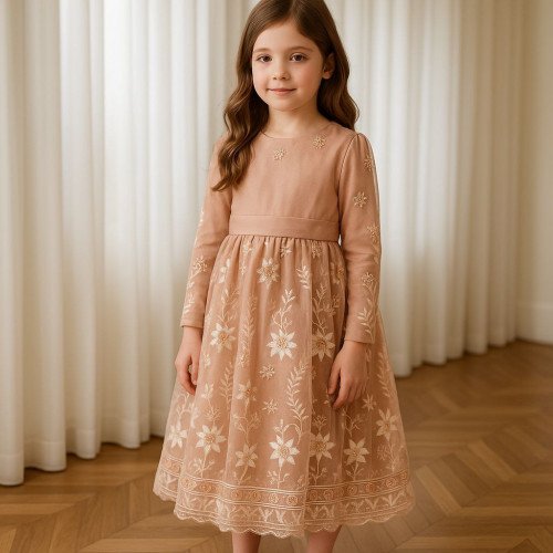 فستان بناتي تول مطرّز فخم – وردي ناعم – تصميم ميدي منفوش 240450