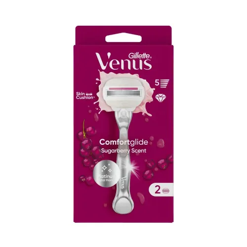 Razor for Women Comfortglide Sugarberry Platinum Metal Handle 2 Cartridges 5 Blades Venus By Gillette