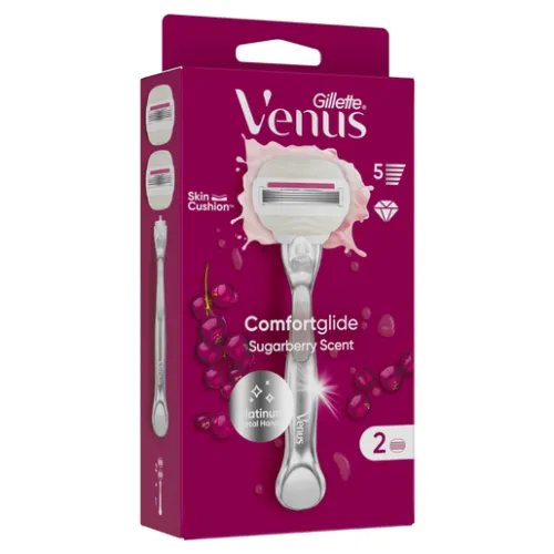 Razor for Women Comfortglide Sugarberry Platinum Metal Handle 2 Cartridges 5 Blades Venus By Gillette