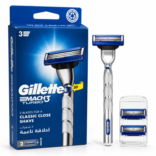 Mach3 Turbo 3D Razor Handle with 2 Extra Blades Silver/Blue