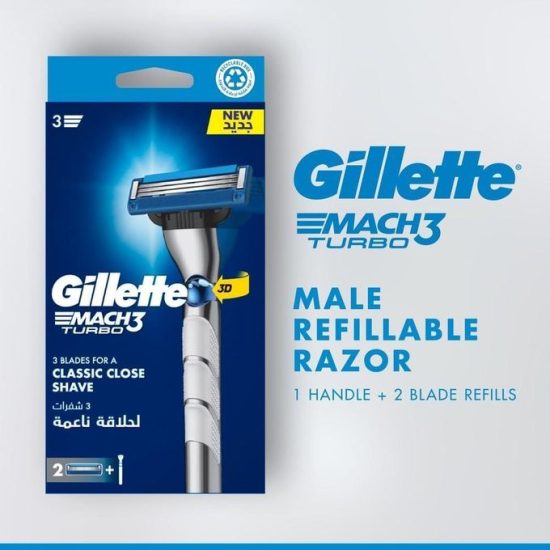 Mach3 Turbo 3D Razor Handle with 2 Extra Blades Silver/Blue