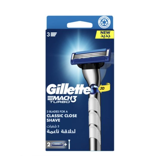 Mach3 Turbo 3D Razor Handle with 2 Extra Blades Silver/Blue