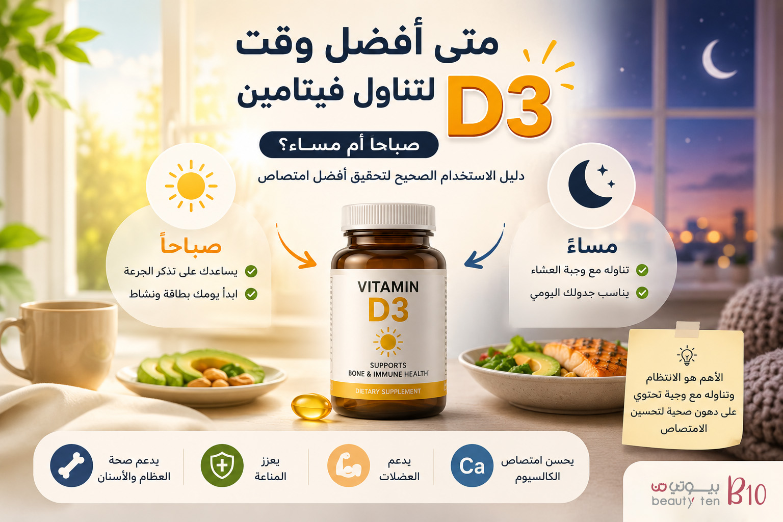 متى أفضل وقت لتناول فيتامين D3؟ صباحاً أم مساءً؟