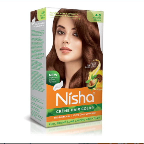 Hair dye cream with an ammonia-free formula for a rich and shiny long-lasting color from Nisha, suitable for dyeing hair strands, natural brown color