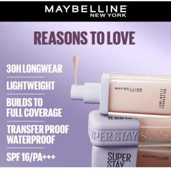  مايبيلين كريم اساس سوبر ستاي يدوم حتى 30 ساعة لومي-مات من نيويورك، تغطية متوسطة كاملة، تركيبة نباتية*، احماض امينية، نياسيناميد، فيتامين E - درجة 90، كل الأنواع