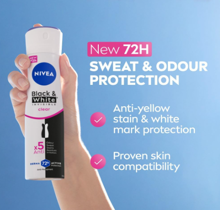 بخاخ مزيل العرق بلاك اند وايت غير مرئي للنساء من نيفيا، شفاف، حماية فعالة 72 ساعة، 5 في 1، مضاد للروائح الكريهة والعرق والبقع والبقايا والتهيج، 150 مل بخاخ مزيل العرق بلاك اند وايت غير مرئي للنساء من نيفيا، شفاف، حماية فعالة 72 ساعة، 5 في 1، مضاد للروائح الكريهة والعرق والبقع والبقايا والتهيج، 150 مل