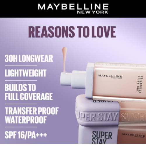 مايبيلين كريم اساس سوبر ستاي يدوم حتى 30 ساعة لومي-مات من نيويورك، تغطية متوسطة كاملة، تركيبة نباتية*، احماض امينية، نياسيناميد، فيتامين E - درجة 90، كل الأنواع مايبيلين كريم اساس سوبر ستاي يدوم حتى 30 ساعة لومي-مات من نيويورك، تغطية متوسطة كاملة، تركيبة نباتية*، احماض امينية، نياسيناميد، فيتامين E - درجة 90، كل الأنواع