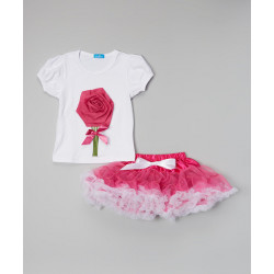 طقم بلوزة مطرزة بوردة حمراء وتنورة قصيرة منفوشة