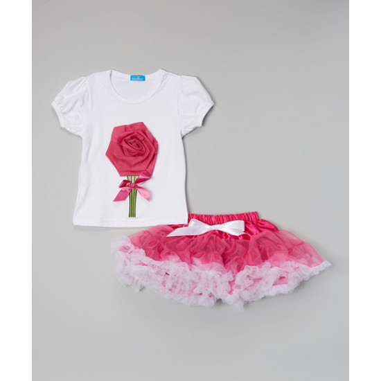 طقم بلوزة مطرزة بوردة حمراء وتنورة قصيرة منفوشة