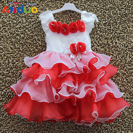 فستان أطفال أحمر قصير بتصميم أدوار متدرجة - عمر 4-5 سنوات