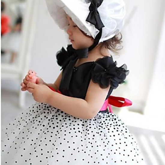 فستان أفراح أبيض وأسود منقط مع حزام أحمر - عمر 1-2 سنة