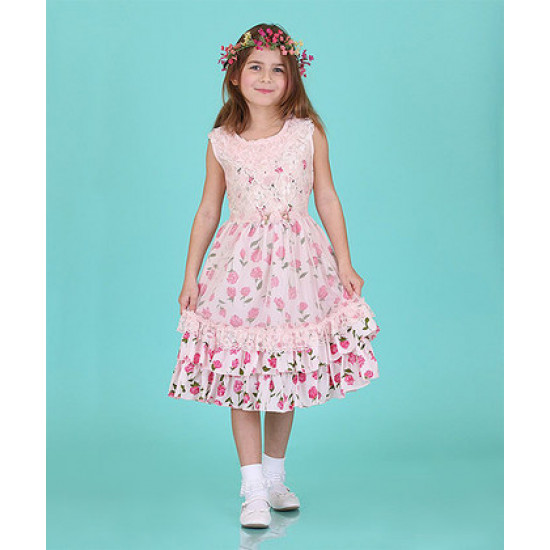 فستان ربيعي بطبقات مطرز بالورود - لعمر 5 إلى 6 سنوات