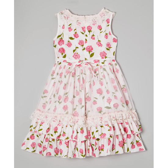 فستان ربيعي بطبقات مطرز بالورود - لعمر 5 إلى 6 سنوات