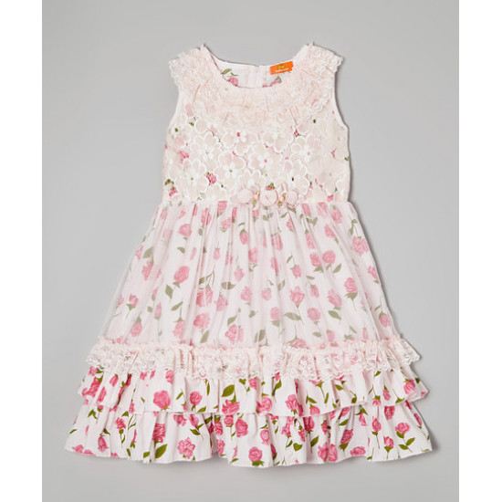 فستان ربيعي بطبقات مطرز بالورود - لعمر 5 إلى 6 سنوات