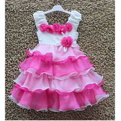 فستان حفلات بناتي وردي قصير بتصميم طبقات - عمر 5 سنوات