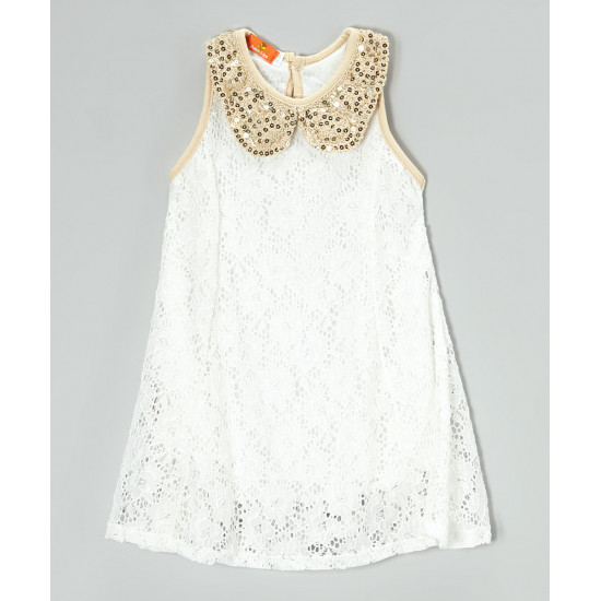فستان أطفال فاخر من الدانتيل بياقة ذهبية أنيقة