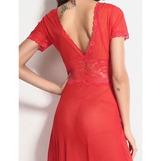 قميص احمر شفاف طويل مزين بالدانتيل قميص احمر شفاف طويل مزين بالدانتيل