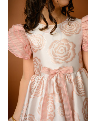 فستان بناتي مزين بنقشات الورود وأكمام منفوخة مع فيونكة - Kj2054