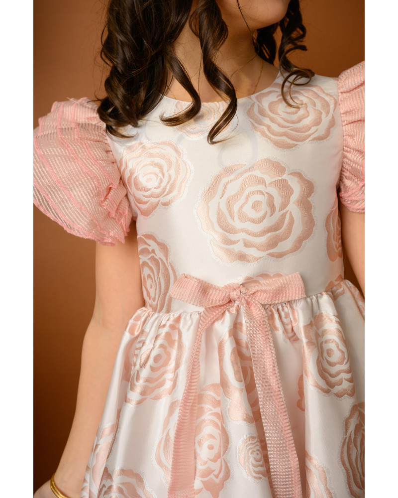 فستان بناتي مزين بنقشات الورود وأكمام منفوخة مع فيونكة - Kj2054