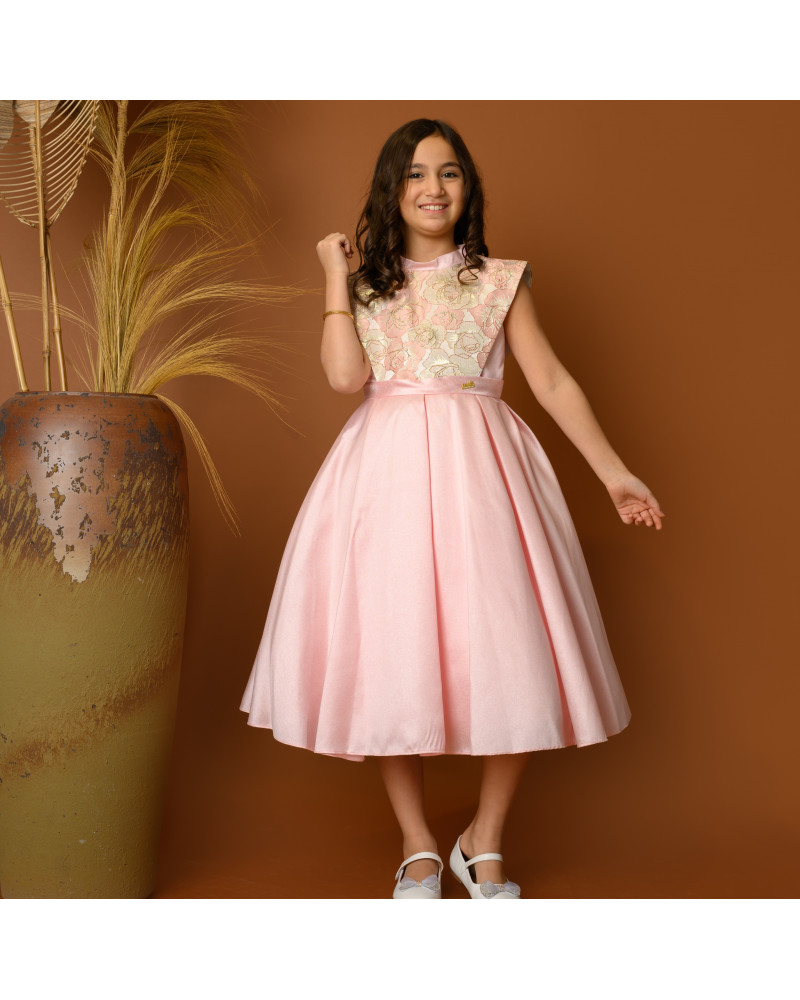 فستان بناتي سهرة أنيق باللون الوردي بنقشة ورود - 706