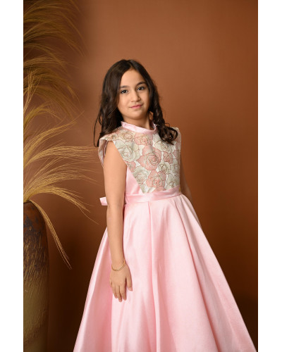 فستان بناتي سهرة أنيق باللون الوردي بنقشة ورود - 706