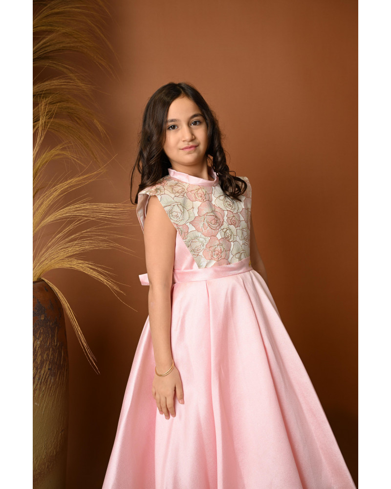 فستان بناتي سهرة أنيق باللون الوردي بنقشة ورود - 706
