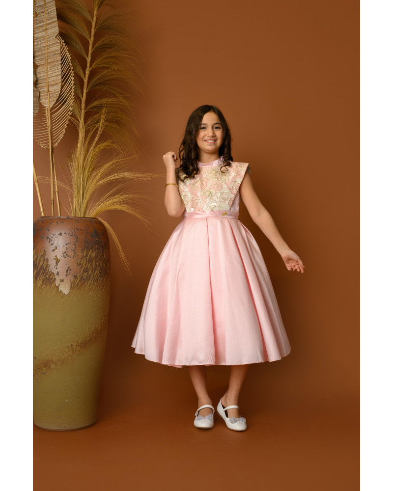 فستان بناتي سهرة أنيق باللون الوردي بنقشة ورود - 706